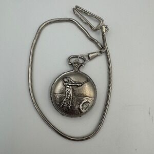 Silver Tone Golf Pocket‎ Watch Embossed Golfer Floral Case Snake Chain Collezio